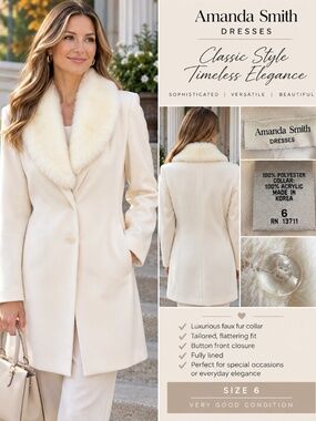 Amanda Smith Ivory Faux Fur Collar Coat Jacket Size 6 Convertible Coat Dress